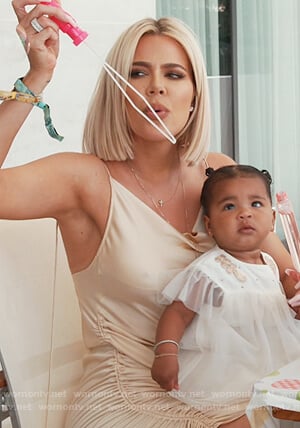 Khloe's pink ruched side satin dress on Keeping Up with the Kardashians