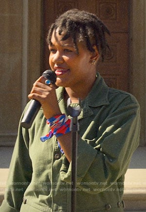 Skye's green coverall jumpsuit on The Politician