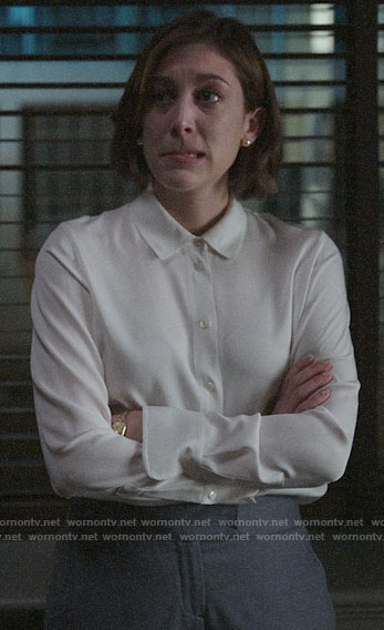 Sydney's white silk button down shirt on Bluff City Law