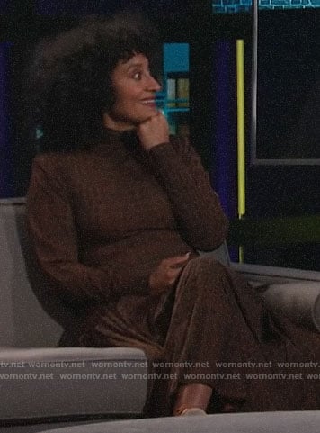 Tracee Ellis Ross's brown crocodile print dress on A Little Late with Lilly Singh