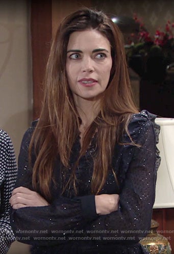 Victoria's metallic navy blouse with ruffles on The Young and the Restless