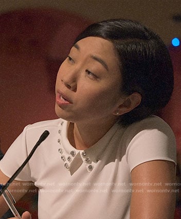 Wendy's white top with embellished collar on The Politician
