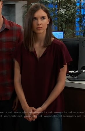 Willow's burgundy flutter sleeve top on General Hospital