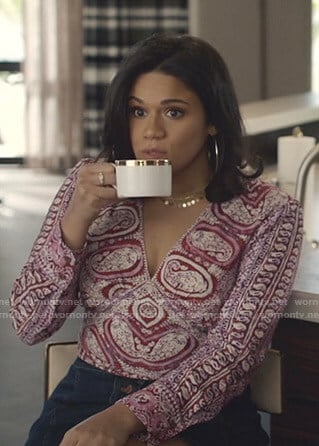 Yoli's pink paisley print blouse on Grand Hotel