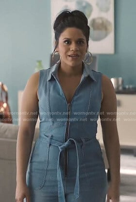 Yoli's sleeveless denim jumpsuit on Grand Hotel