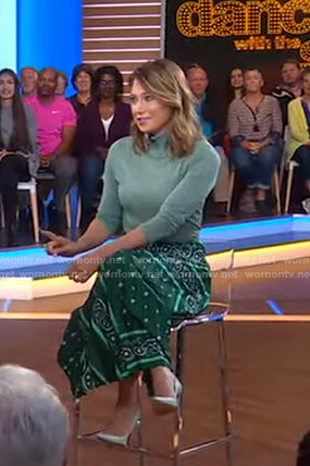 Ginger's metallic turtleneck sweater and green skirt on Good Morning America