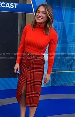 Ginger's red ribbed sweater and plaid skirt on Good Morning America