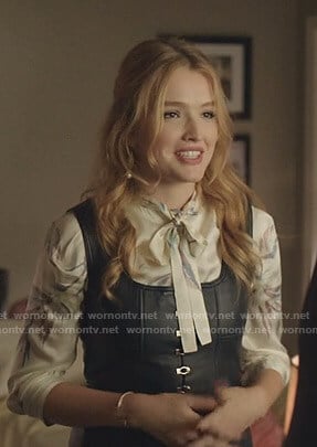 Kirby's leaf print tie neck blouse and leather dress on Dynasty