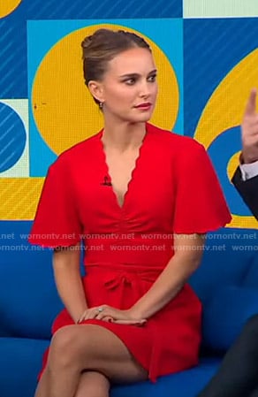 Natalie Portman's red scalloped neck mini dress on Good Morning America