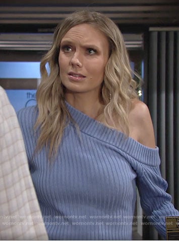 Abby's blue one-shoulder sweater on The Young and the Restless