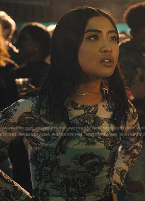 Alex's white dragon print top on Light as a Feather