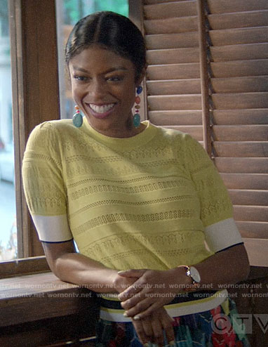 Ali's yellow pointelle top and geometric print skirt on God Friended Me