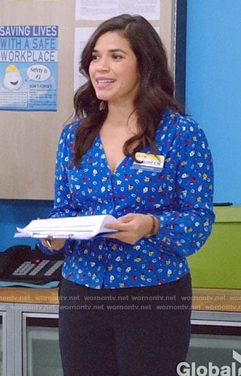 Amy's blue floral v-neck top on Superstore