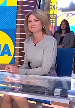Amy's grey sweater and plaid mini skirt on Good Morning America
