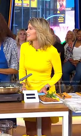 Amy's yellow long sleeve slit dress on Good Morning America
