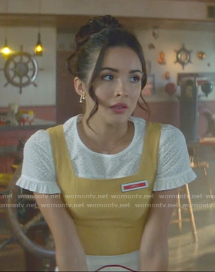 Bess's white eyelet yoke top on Nancy Drew
