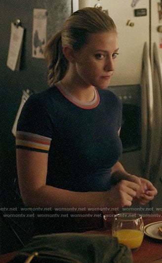 Betty's blue top with striped trim on Riverdale