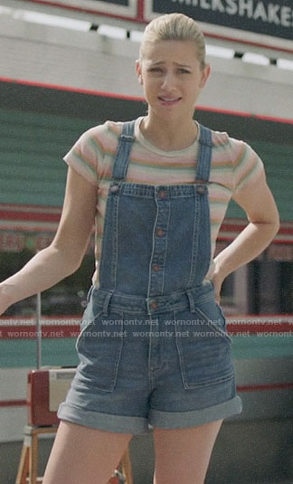 Betty's striped tee and short denim overalls on Riverdale