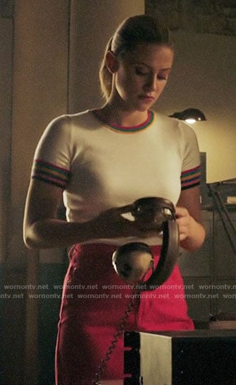 Betty's striped trim sweater and pink  denim skirt on Riverdale