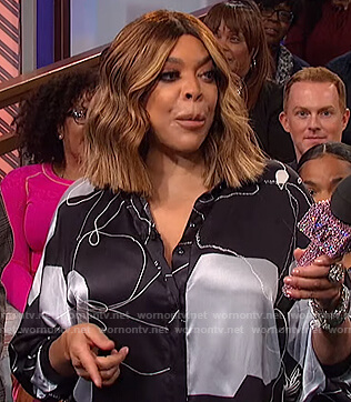 Wendy's navy abstract print silk blouse on The Wendy Williams Show