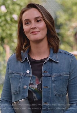 Angie's black unicorn print tee and denim jacket on Single Parents