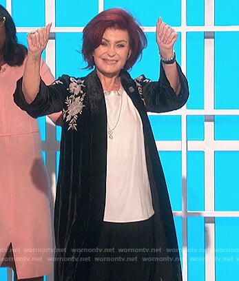 Sharon's black velvet floral embroidered kimono on The Talk