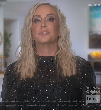 Shannon's black metallic dot blouse on The Real Housewives of Orange County