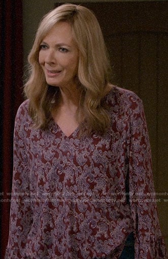 Bonnie's burgundy printed v-neck top on Mom