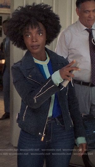 Briana's navy suede moto jacket on Bluff City Law