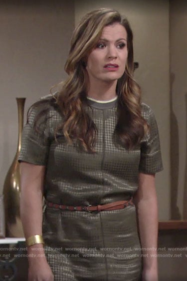 Chelsea's khaki houndstooth dress on The Young and the Restless