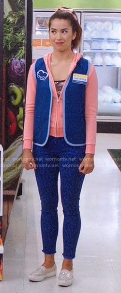 Cheyenne's blue leopard jeans and coral hoodie on Superstore