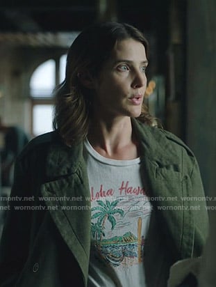 Dex's white Aloha Hawaii tee on Stumptown
