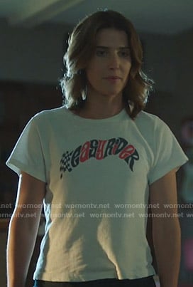 Dex's white Easy Rider print tee on Stumptown