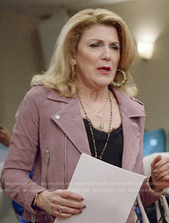 Diane's pink suede moto jacket on Almost Family