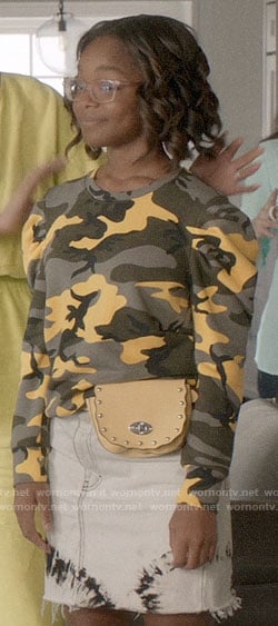 Diane's yellow camo sweater and denim skirt on Black-ish