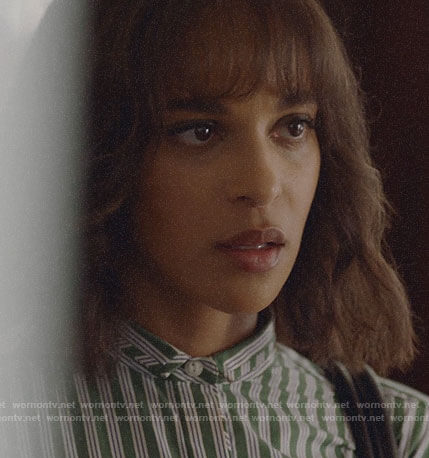 Edie's green striped button down shirt on Almost Family