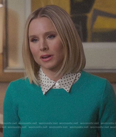 Eleanor's star print shirt and green sweater on The Good Place
