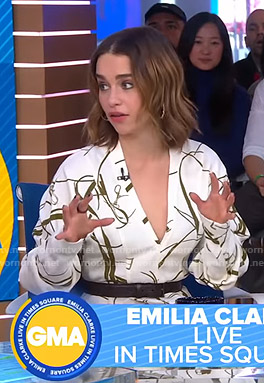 Emilia Clarke's white belt print midi dress on Good Morning America