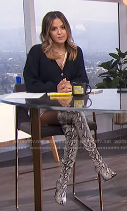 Erin's navy cardigan and snake print boots on E! News Daily Pop