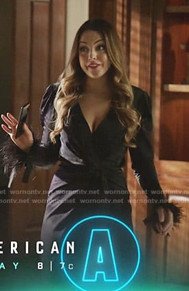 Fallon's navy feather cuff wrap jumpsuit on Dynasty