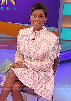 Tamron's white floral lace trim dress on Tamron Hall Show