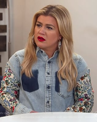 Kelly's floral denim patchwork shirtdress on The Kelly Clarkson Show