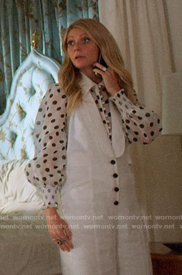 Georgina's white polka dot blouse and button front jumpsuit on The Politician