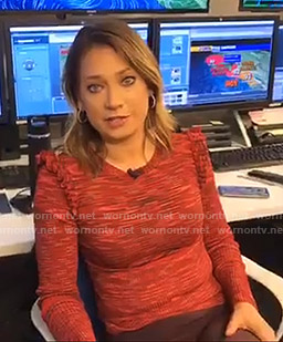 Ginger's red ruffle shoulder sweater and brown pants on Good Morning America