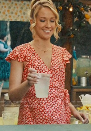 Ginny's red floral wrap top on Perfect Harmony