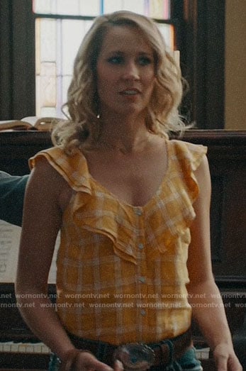 Ginny's yellow plaid ruffled top on Perfect Harmony