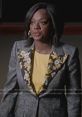 Annalise's gray blazer with floral lapel on How to Get Away with Murder