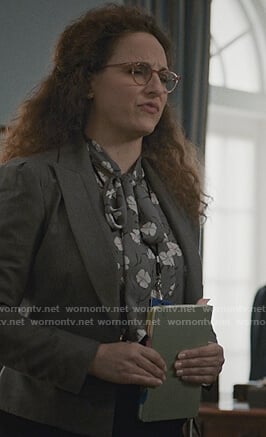 Nina Cummings's gray floral tie blouse on Madam Secretary