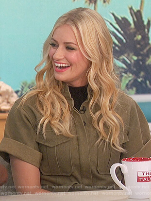 Beth Behrs's green utility dress on The Talk