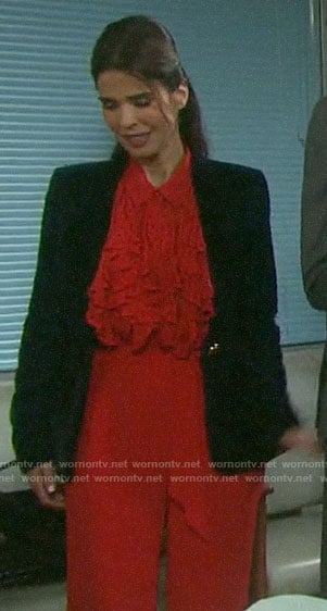 Hope's red ruffled polka dot blouse and velvet blazer on on Days of our Lives
